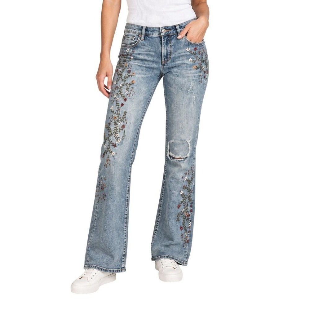 Driftwood Blue Embroidered Floral Kelly Distressed Bootcut Jeans Women's 29